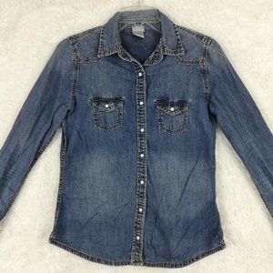 Vanity Womens Shirt Jacket Western‎ Denim Blue Snap Front Pockets S